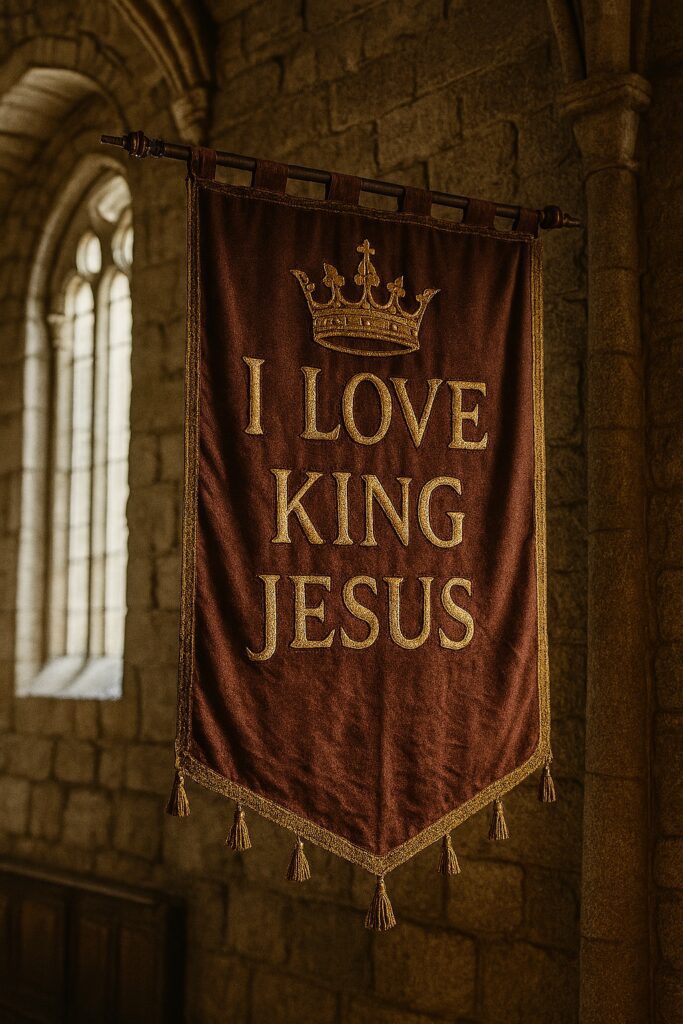 Deep red medieval-style banner with gold trim and a crown symbol, hanging on a stone wall and displaying the gold text ‘I Love King Jesus.’