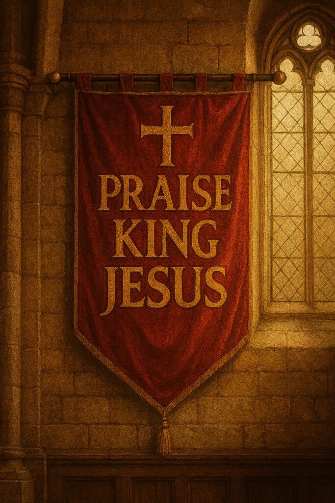 A red banner hangs on a stone wall beneath arched windows, displaying a gold cross above the words “Praise King Jesus” in bold gold lettering.