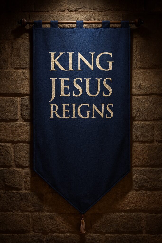 A dark blue banner with gold lettering hangs against a stone wall, displaying the words “King Jesus Reigns” above a pointed tassel.