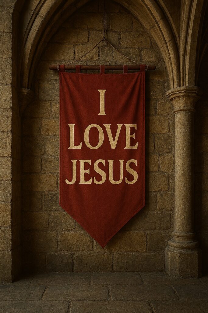 Red banner with beige lettering hanging between stone columns, displaying the text ‘I Love Jesus.’
