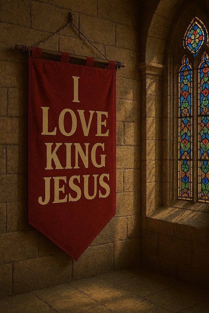 Red banner with gold lettering hanging on a stone wall beside a colorful stained‑glass window, displaying the text ‘I Love King Jesus.’