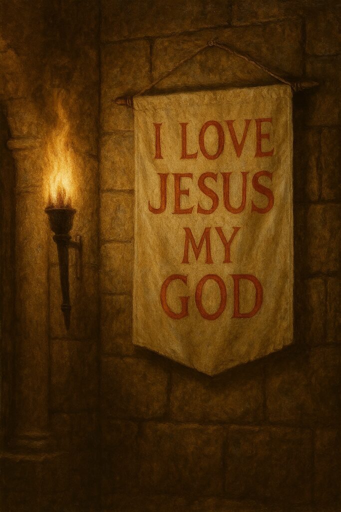 Beige banner with red lettering hanging on a stone wall beside a lit torch, displaying the text ‘I Love Jesus My God.’