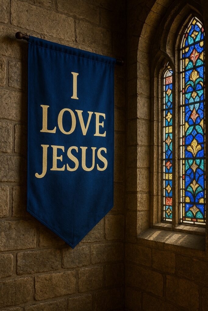 Blue banner with cream lettering hanging on a stone wall beside a colorful stained‑glass window, displaying the text ‘I Love Jesus.’