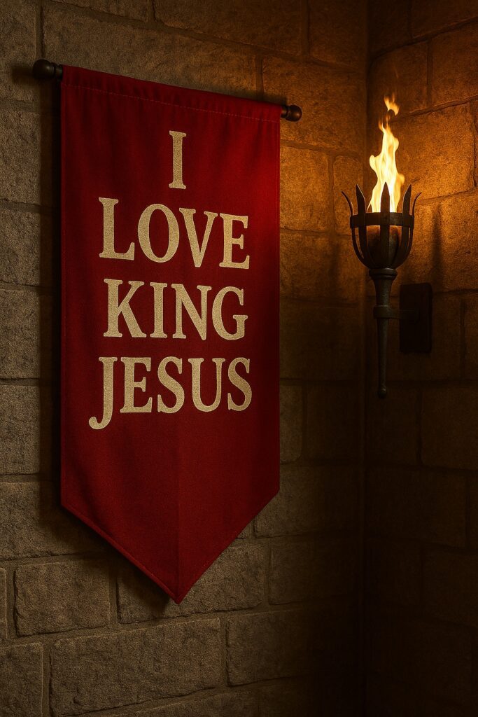 Red banner with bold white lettering hanging on a stone wall beside a lit medieval‑style torch, displaying the text ‘I Love King Jesus.’