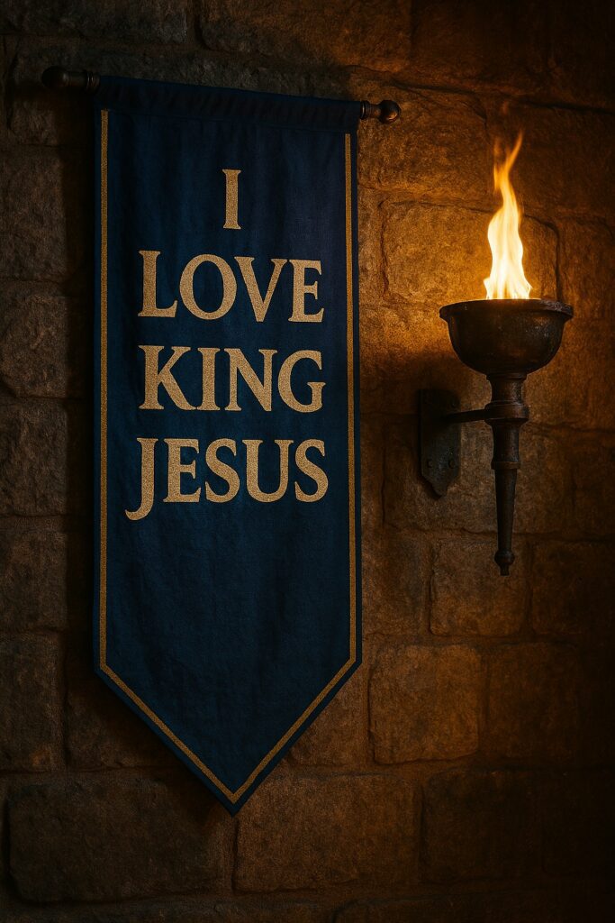 A dark blue banner with gold lettering reading “I Love King Jesus” hangs on a stone wall beside a lit wall‑mounted torch.