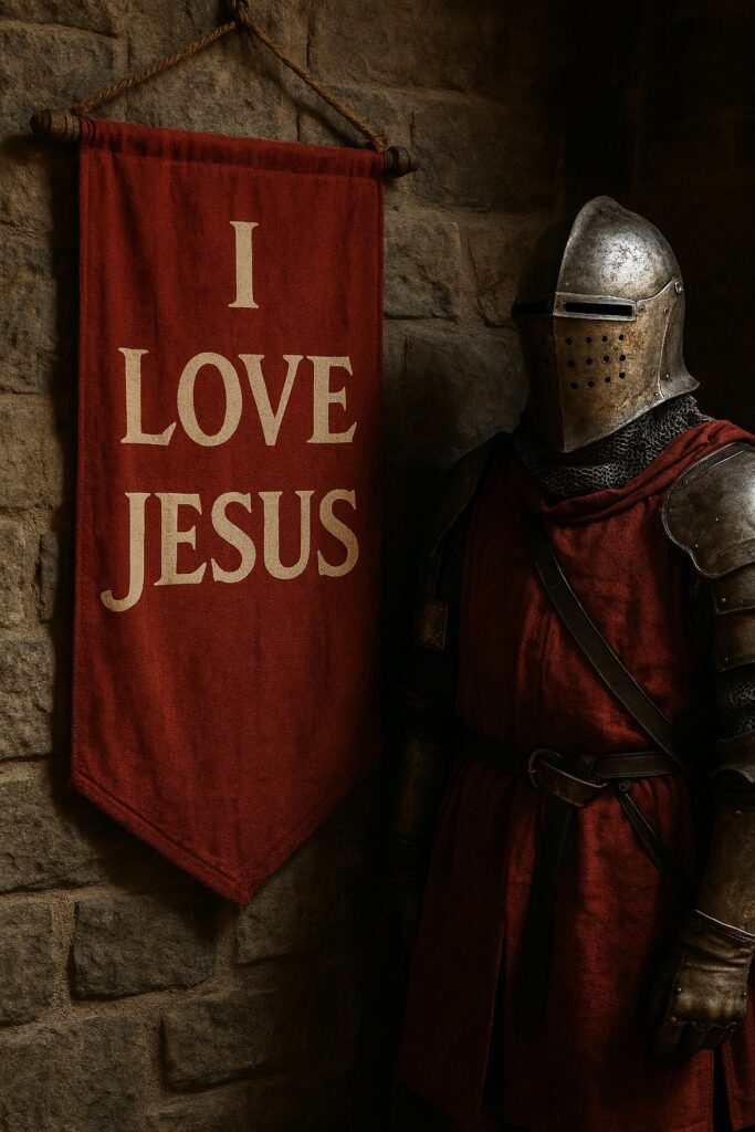A medieval knight in full armor stands beside a red banner hanging on a stone wall, displaying the words “I Love Jesus” in bold white lettering.