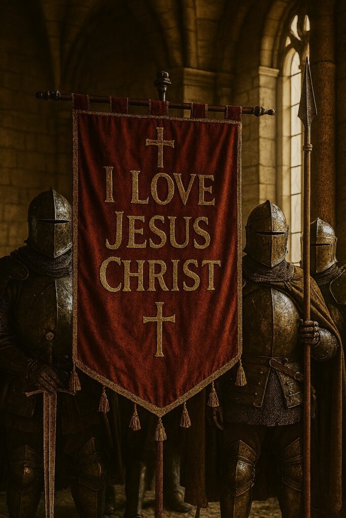 Armored knights stand in a stone hall holding a red banner that reads “I Love Jesus Christ” in gold lettering, framed by two gold crosses.