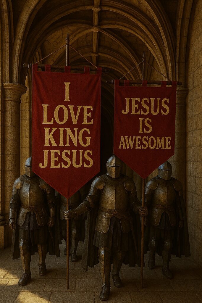 Armored knights walking through a vaulted stone corridor, carrying red banners with gold text reading ‘I Love King Jesus’ and ‘Jesus Is Awesome.’