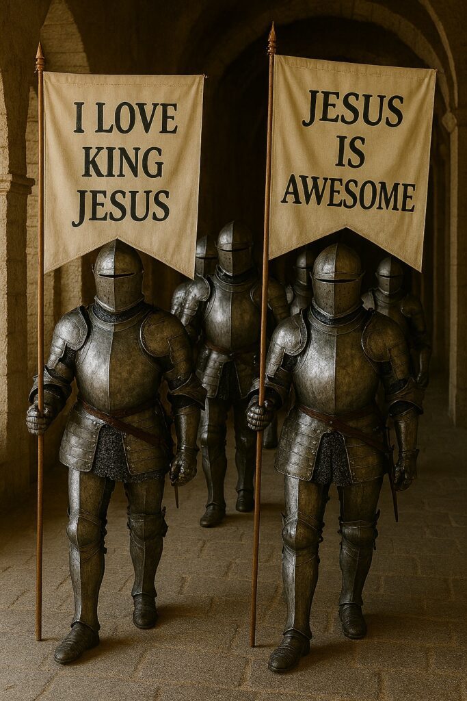 Armored knights standing in a stone corridor, holding red banners with gold text reading ‘I Love King Jesus’ and ‘Jesus Is Awesome.’