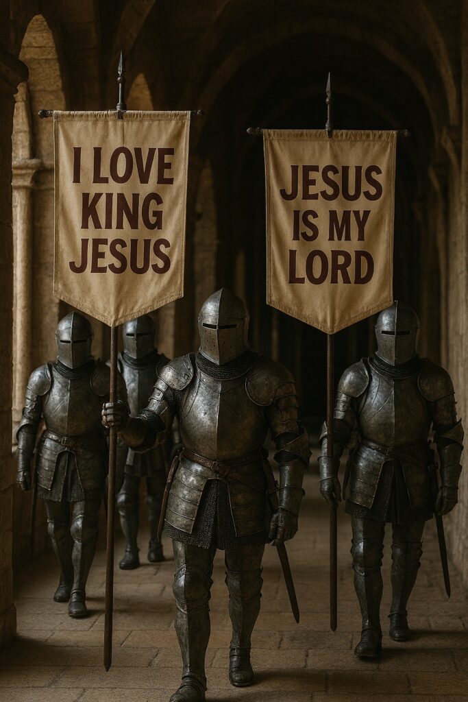 Four armored knights walking through a stone corridor, with the front two carrying red banners that read ‘I Love King Jesus’ and ‘Jesus Is My Lord.’