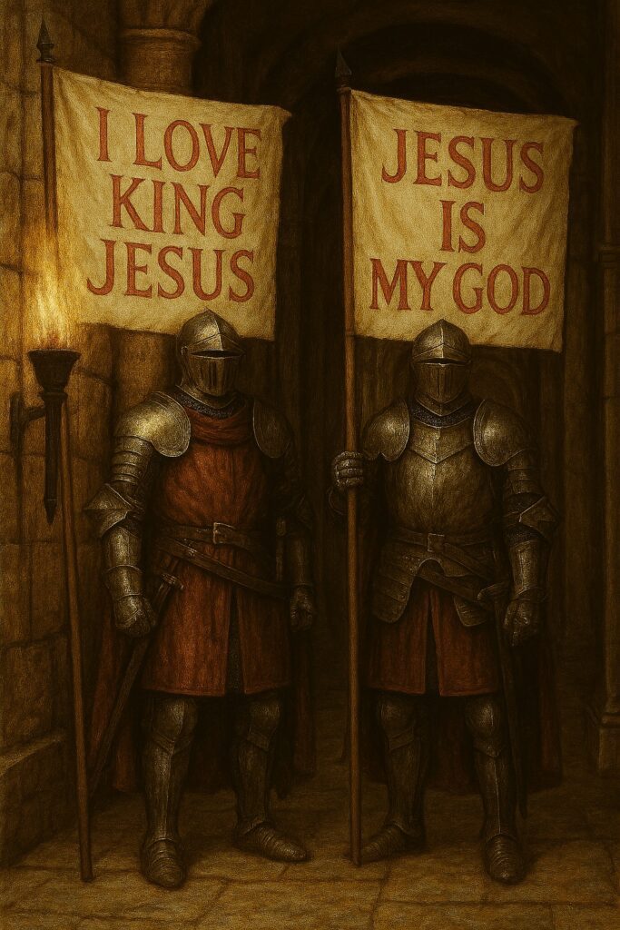 Two armored knights standing in a dim stone corridor, each holding a red banner with gold text reading ‘I Love King Jesus’ and ‘Jesus Is My God.’