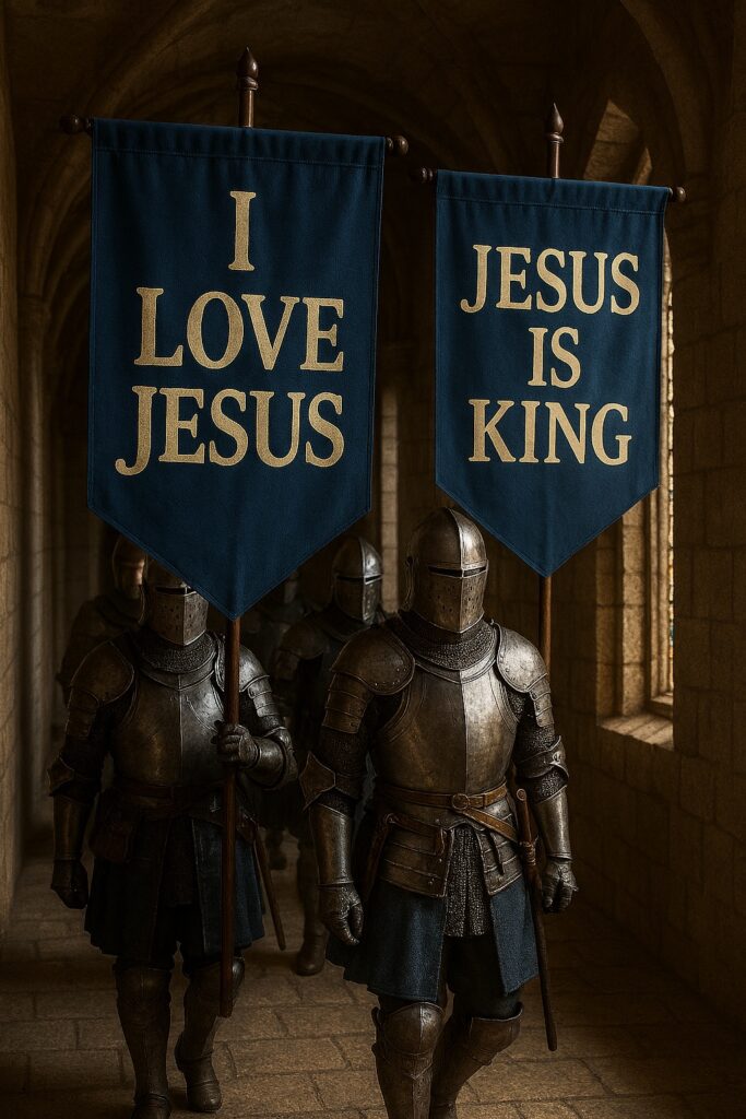 Armored knights walking through a stone corridor, carrying blue banners with gold text reading ‘I Love Jesus’ and ‘Jesus Is King.’