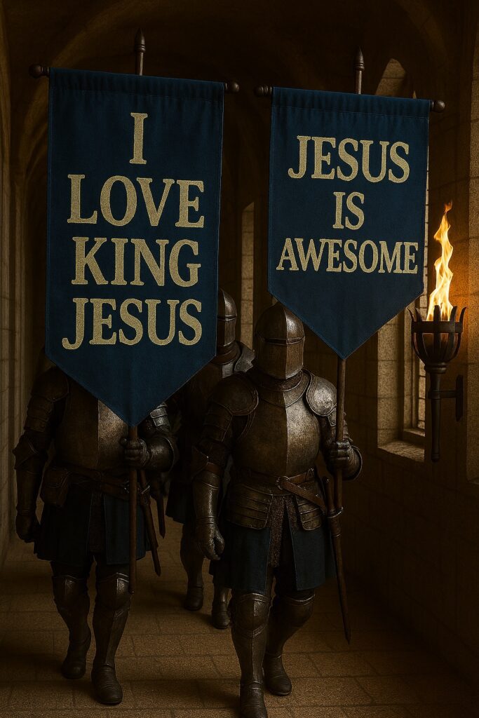 Armored knights walking through a stone corridor, carrying dark blue banners with gold text reading ‘I Love King Jesus’ and ‘Jesus Is Awesome,’ illuminated by a wall‑mounted torch.