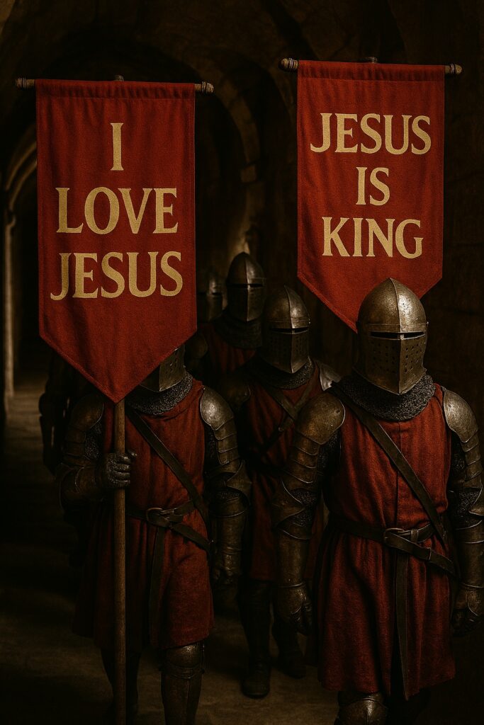 Armored knights walk through a dim stone corridor carrying large red banners that read “I Love Jesus” and “Jesus Is King” in gold lettering.