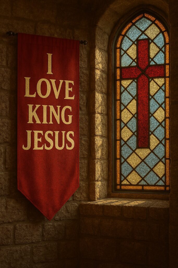 A red banner reading “I Love King Jesus” hangs on a stone wall beside a stained‑glass window featuring a glowing red cross framed by blue, yellow, and orange panes.