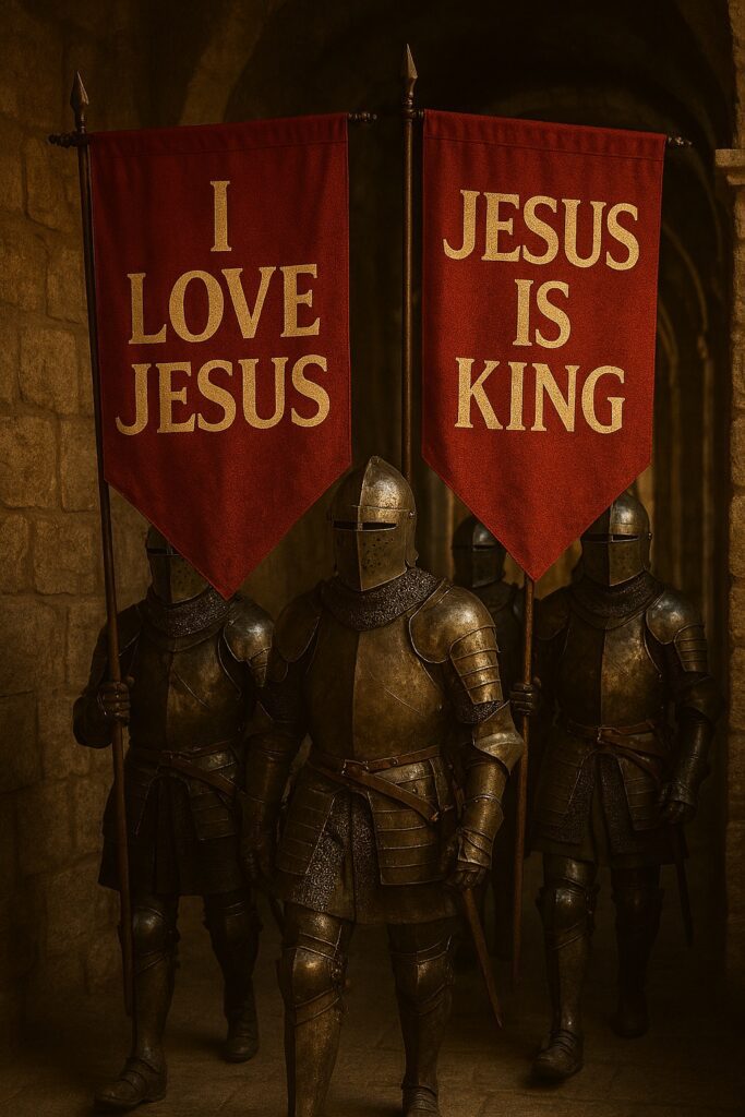 Armored knights walk through a stone corridor carrying red banners that read “I Love Jesus” and “Jesus Is King” in gold lettering.