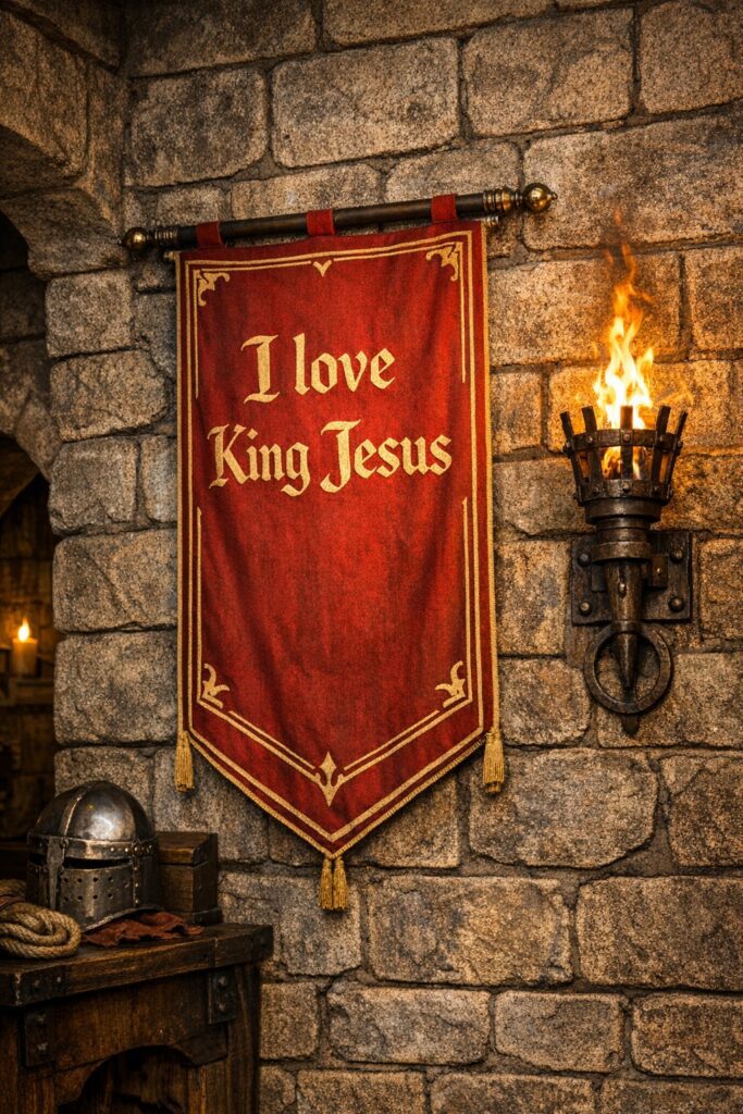 A red medieval-style banner with gold trim hangs on a stone castle wall beside a burning torch. The banner reads “I love King Jesus” in ornate gold lettering. Below it, a metal helmet and coiled rope rest on a wooden table, illuminated by the torch’s warm light.