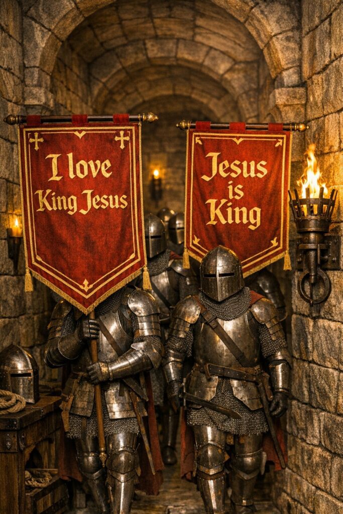 A group of armored knights walk through a torch-lit stone corridor inside a medieval castle. They wear full metal helmets with closed visors and carry two red banners trimmed in gold. One banner reads “I love King Jesus,” and the other reads “Jesus is King.” The warm torchlight reflects off their armor and the stone walls, creating a solemn, reverent atmosphere.